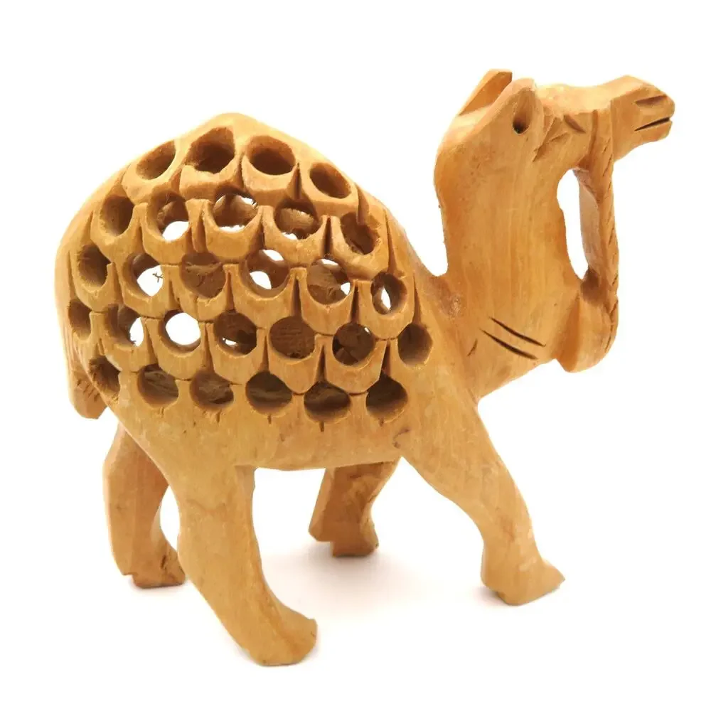 Vintage Hand Carved Wood Camel Figurine w Baby Camel Inside Pierced Carving